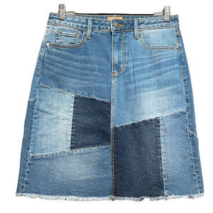DRIFTWOOD Patchwork Denim Midi Skirt in Light and Dark Blue